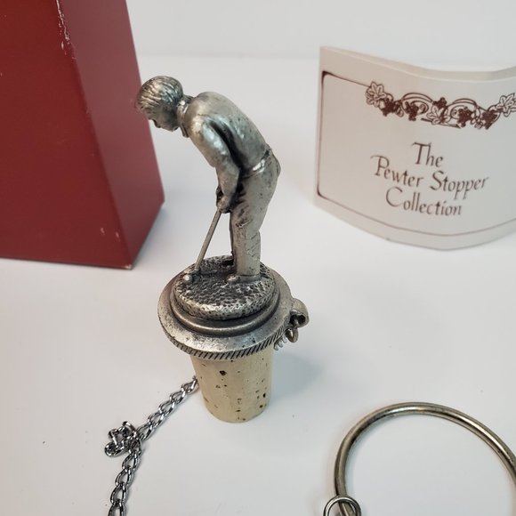 Vtg Solid Pewter Golf Cork Wine Stopper w Chain and 2 pc Stopper/Cheese Button - Picture 3 of 7